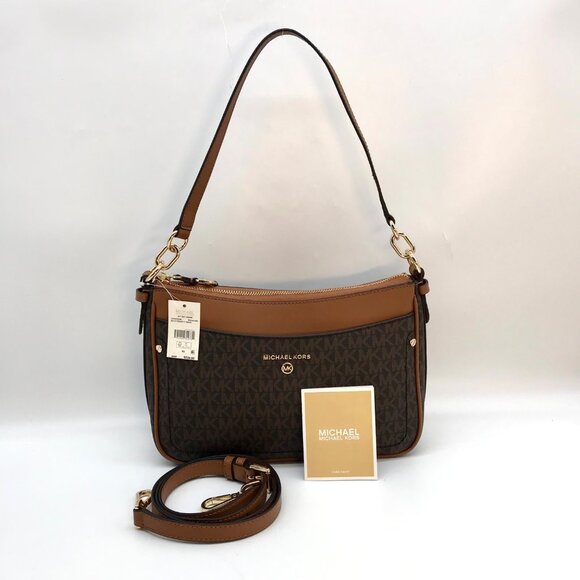 Michael Kors Brown Coated Canvas Jet Set Charm Medium Pochette Convertible Shoul - Picture 10 of 12